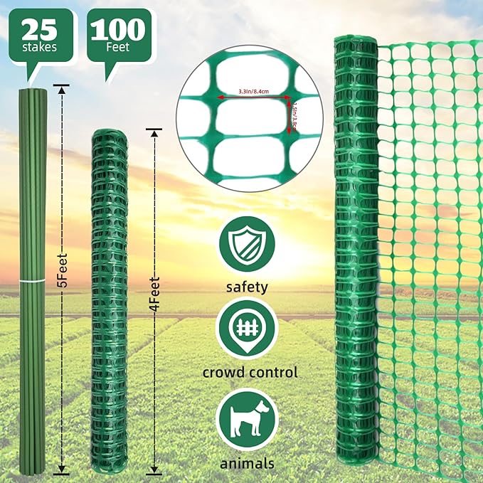 Heavy-Duty 4x100FT Plastic Garden Fence with Steel Posts - UV-Resistant Snow & Pool Barrier for Deer/Dogs/Rabbits/Poultry, Construction-Grade Temporary Fencing for Patio, Backyard & Chicken Coop