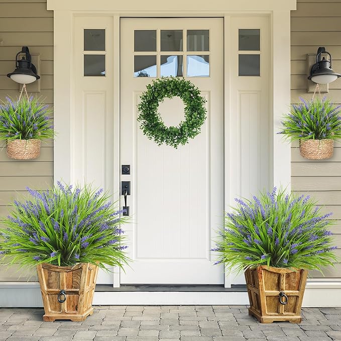 Sggvecsy 24 Bundles Artificial Plants Outdoor Faux Lavender Flowers Fake Monkey Grass UV Resistant Plastic Greenery Plants for Garden Home Porch Window Patio Hanging Planter Indoor Decor (Purple)
