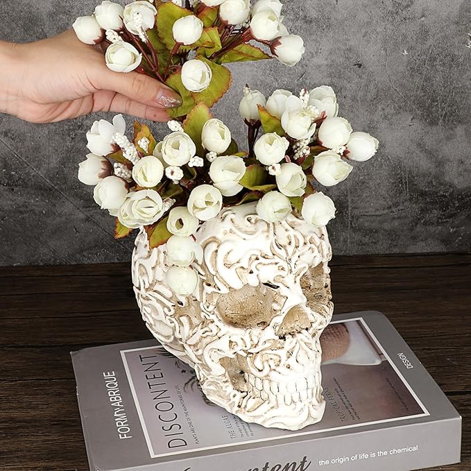 OwnMy Resin Skull Planter for Indoor Plants, White Skull Flower Succulent Pot with Drainage Holes, Halloween Skulls Head Planter Decorative Small Succulents Planters Pot for Tabletop