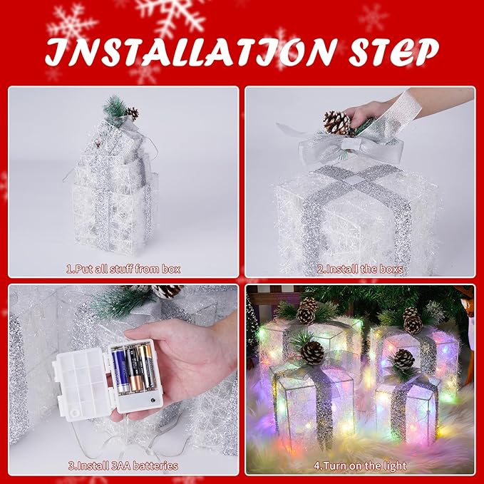 Christmas Lighted Gift Boxes, Pre-lit Lights Gift Boxes Set of 4, Light up Present Boxes Set Battery Operated with Different Sizes for Holiday Indoor Outdoor Decorations(Multi-Colored)