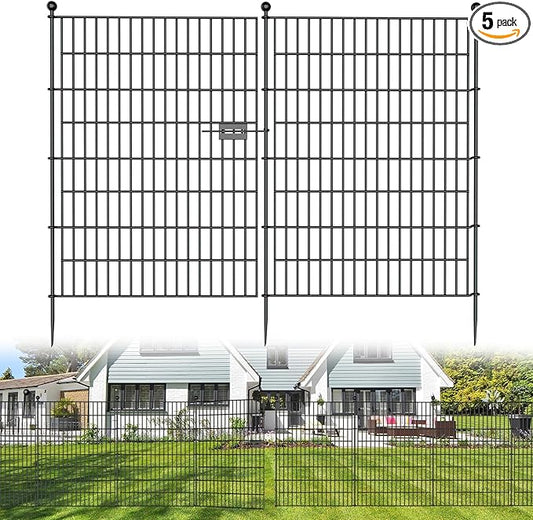5 Panels No Dig Decorative Outdoor Garden Fence with Gate for Yard, 40 in(H) X 11.8 ft(L) Animal Barrier Fencing Rustproof Metal Wire Panel Border for Dog, Rabbits, and Patio Temporary Ground Stakes