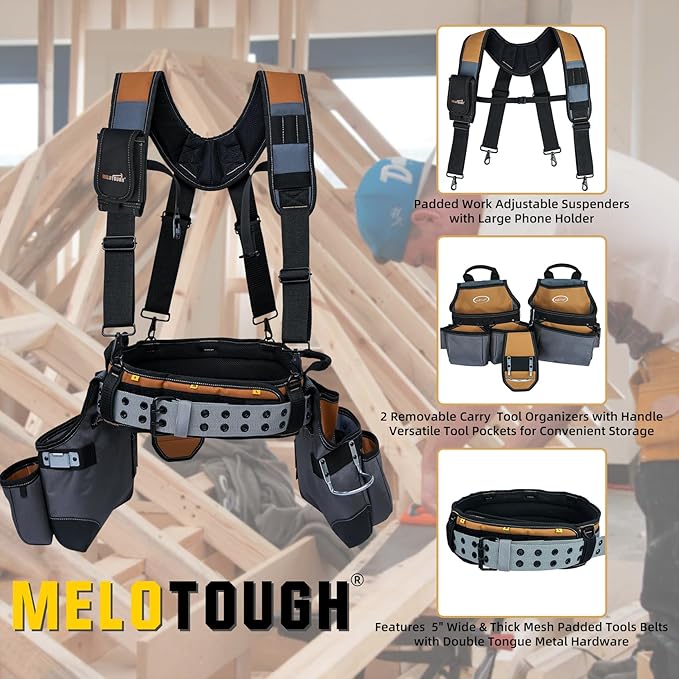 MELOTOUGH 28-Pocket Pro Framer's rig Combo Apron Tool Belt and Heavy Duty Padded Suspenders with Magnetic Desinger for Technician/Carpenter/and Electrician's Tools (Khaki)
