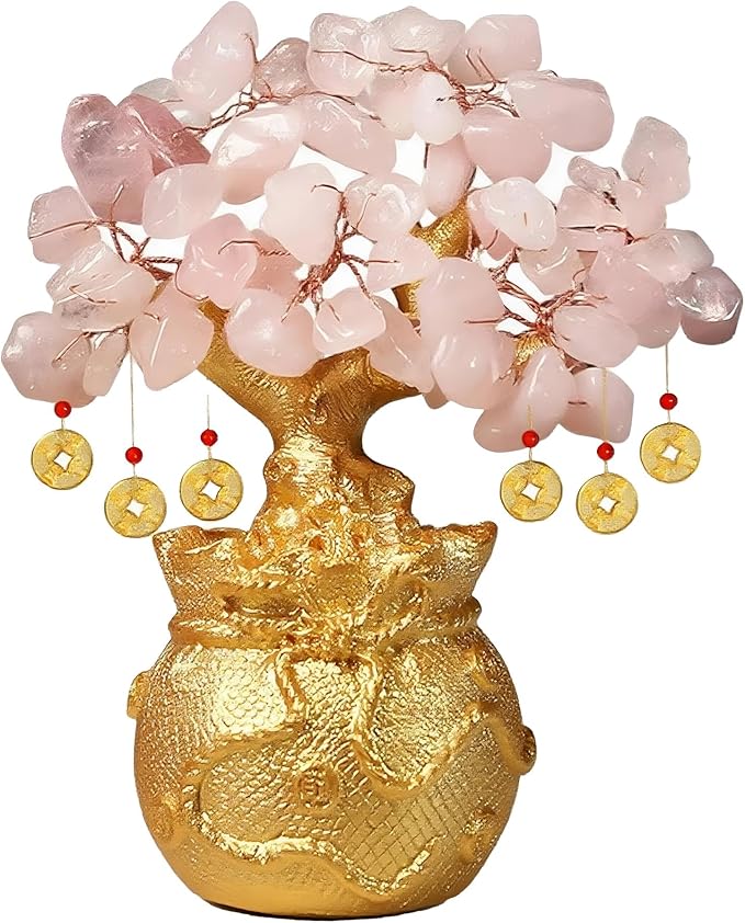 Rose Quartz Money Tree – Feng Shui Love & Wealth Golden Bag Bonsai Lucky Gemstone Home Office Decor (14cm Height)