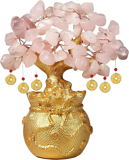 Rose Quartz Money Tree – Feng Shui Love & Wealth Golden Bag Bonsai Lucky Gemstone Home Office Decor (14cm Height)
