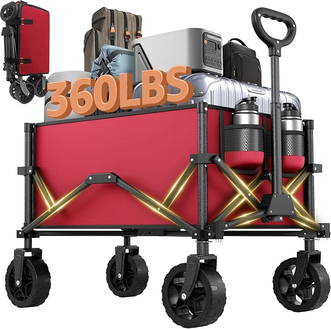 Wine Red Collapsible Wagon with Wheels, Portable Wagons Carts Foldable, Folding Wagon Cart for Groceries, Sports Garden Shopping Utility Wagon