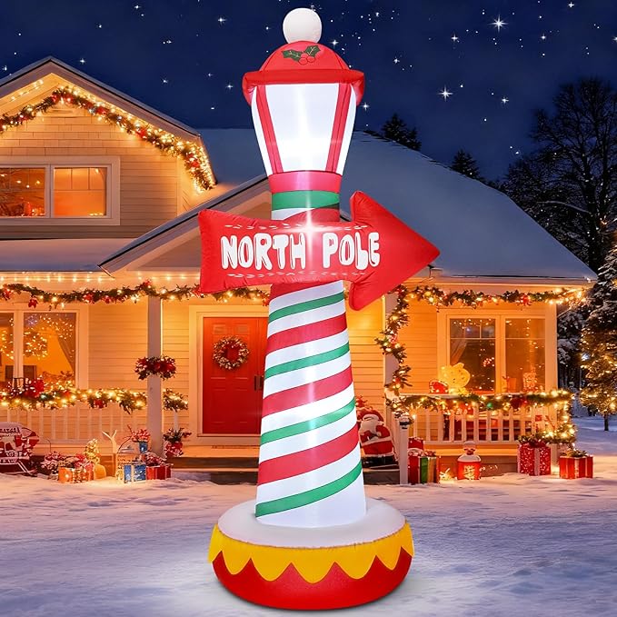 FunFanso 6FT Christmas Inflatables North Pole Road Sign Outdoor Decoration, Blow Up Street Lamp with Built-in LED Lights, Santa Claus Arctic Road Sign for Holiday Display Lawn Garden Yard Xmas Decor
