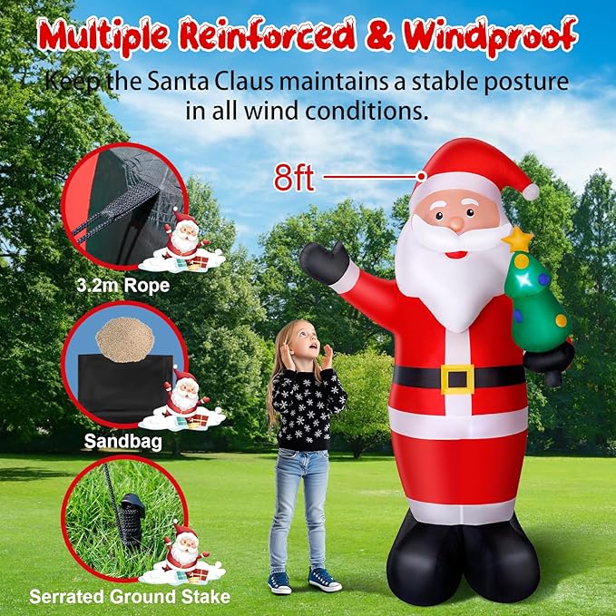 8FT Christmas Inflatable Santa Claus Outdoor Decorations, Inflatable Santa with Xmas Tree Built-in LED Lights, Blow Up Yard Decorations for Holiday Xmas Party Indoor Garden Lawn