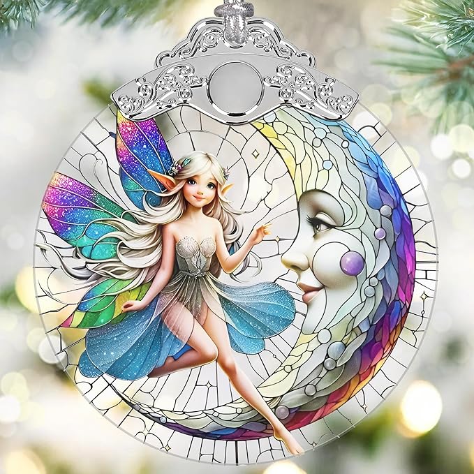 Moon and Fairy Christmas Ornament - Stained Glass Hanging Decor - Tree Decoration - Gifts for Women, Her, Mom
