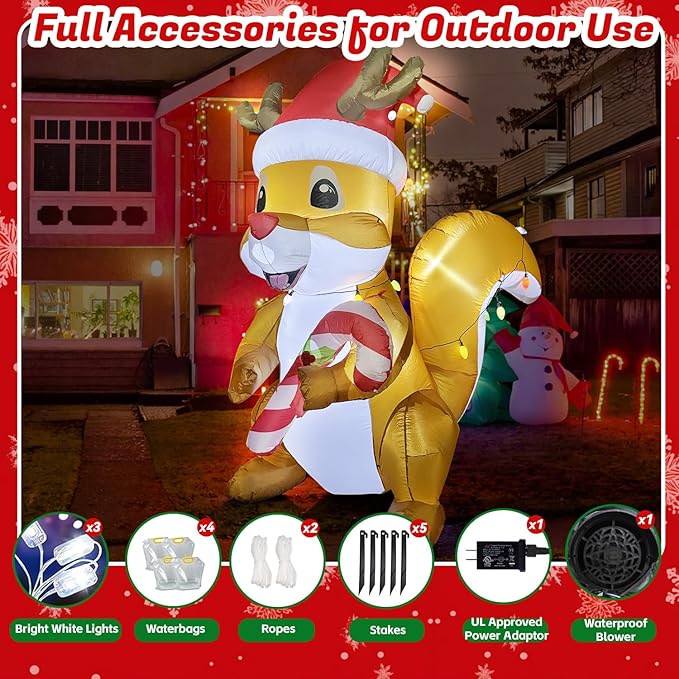 6FT Christmas Inflatables Squirrels Wrapped Colorful Lights, Funny Christmas Blow Ups Squirrels Decoration, Built-in LEDs for Holiday Party Front Garden Lawn Yard Patio Outdoor