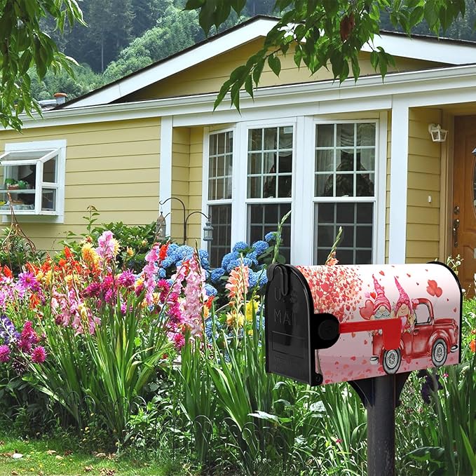 Valentine’s Day Mailbox Cover 18x21 Inch Magnetic Pink Gnomes in Red Truck with Heart Balloons and Love Tree Romantic Mailbox Wrap for Outdoor Yard Decor Waterproof Durable Mailbox Covers