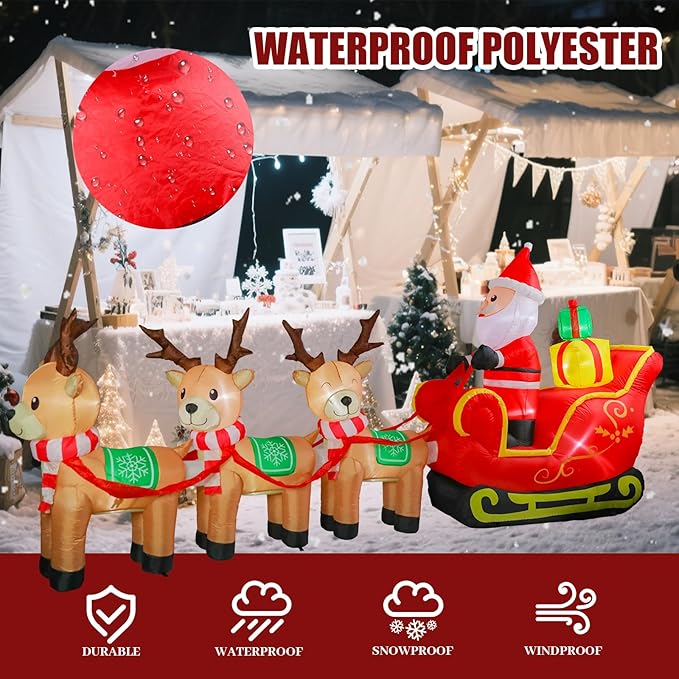 VCUTEKA Christmas Inflatables Outdoor Decorations, 12FT Blow Up Santa Claus Sleigh with Reindeer and Gifts, Animated Christmas Inflatable Yard Decoration with LED Lights for Holiday Lawn Garden Décor