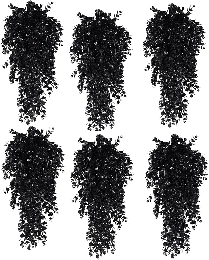 RECUTMS 6 Pack Artificial Plants Artificial Hanging Plants Faux Eucalyptus Leaf Greenery Fake Hanging Eucalyptus Plant for Wall House Room Patio Indoor Outdoor Home Shelf Office Decor (1-Black 6)
