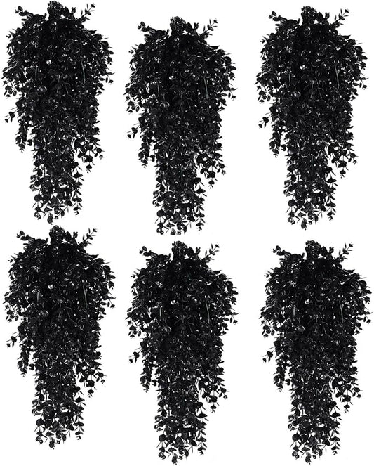 RECUTMS 6 Pack Artificial Plants Artificial Hanging Plants Faux Eucalyptus Leaf Greenery Fake Hanging Eucalyptus Plant for Wall House Room Patio Indoor Outdoor Home Shelf Office Decor (1-Black 6)