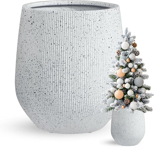 12.5"H x 11.5"D Ribbed Corso Fiberstone Round Planter, Christmas Tree Planter, Weather Resistant for Indoor & Outdoor Use, Included 2 Extra Coco Mats (Ribbed Speckled White, 9" Pot Opening)