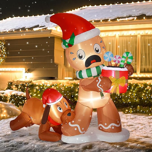 5FT Christmas Inflatable Gingerbread Man & Dog Outdoor Decoration, Christmas Funny Blow Up Yard Decoration, Built-in LED Lights Inflatables Xmas Holiday Décor for Indoor Lawn Garden