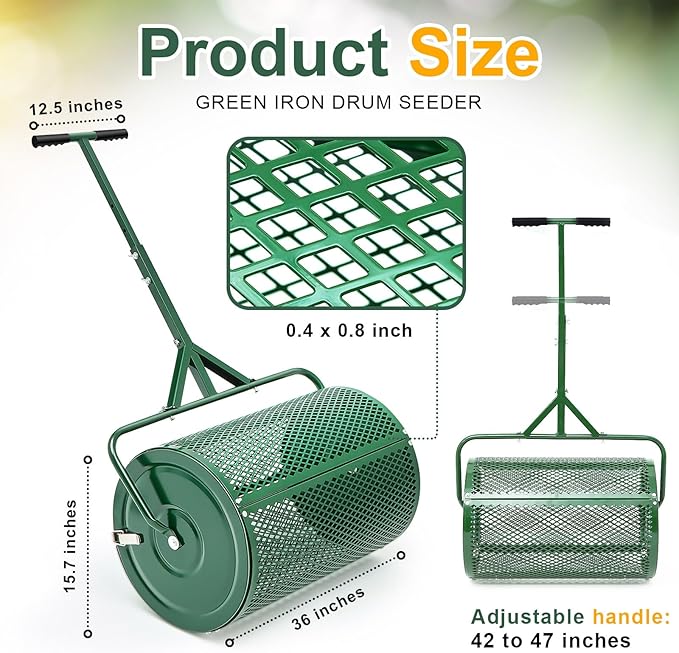 Hiboom 36 Inch Compost Spreader, Peat Moss Spreader, Manure Roller with Adjustable T Shaped Handle, Lightweight Metal Mesh for Lawn Garden Spreading Manure Topsoil (Green)