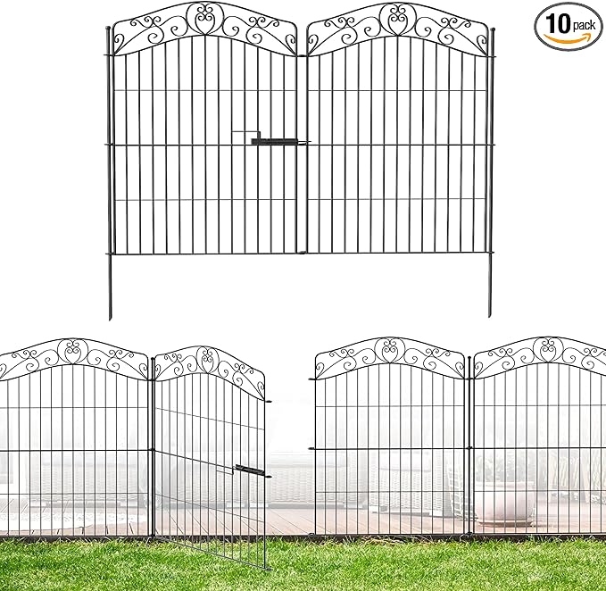 10 Panels No Dig Decorative Outdoor Garden Fence with Gate, 40 in(H) X 23.6 ft(L) Animal Barrier Fencing, Rustproof Portable Fence, Temporary Dog Fence Outdoor for Yard, Outside, Backyard