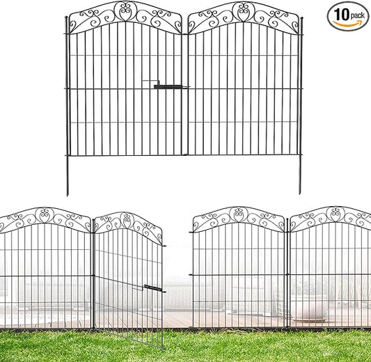 10 Panels No Dig Decorative Outdoor Garden Fence with Gate, 40 in(H) X 23.6 ft(L) Animal Barrier Fencing, Rustproof Portable Fence, Temporary Dog Fence Outdoor for Yard, Outside, Backyard