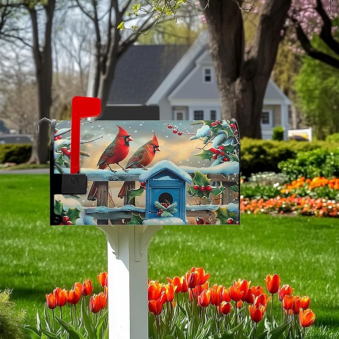 Winter Mailbox Cover Cardinal Birds Mailbox Covers Holly Berry Mail Box Wrap Magnetic Standard Size 21x18 Inch Mailboxes Decorations for Christmas Garden Home Yard Decorations
