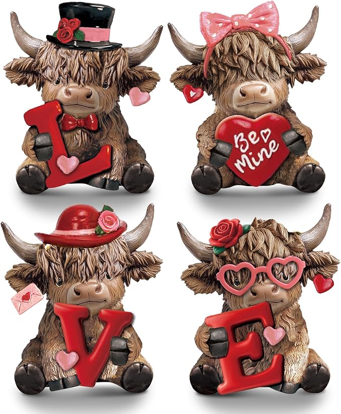 Sosation 4 Pcs Love Highland Cow Figurines Valentines Day Highland Cow Gnomes Heart Scottish Resin Statue Calf Lovers Gifts for Home Garden Kitchen Office Tiered Tray Table Decor