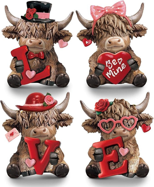 Sosation 4 Pcs Love Highland Cow Figurines Valentines Day Highland Cow Gnomes Heart Scottish Resin Statue Calf Lovers Gifts for Home Garden Kitchen Office Tiered Tray Table Decor