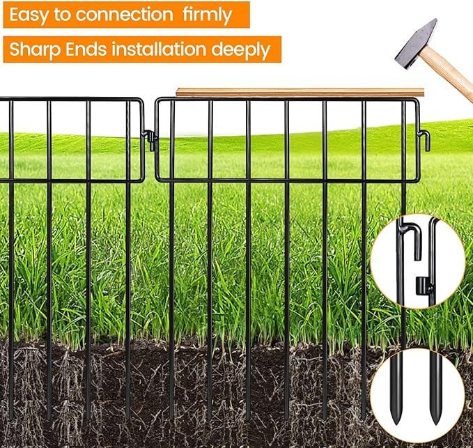 Adavin Black Animal Barrier Fence-24 Pack 12 in(L)X 15 in(H) No Dig Garden Decorative Fence 1.5" gap Rustproof Metal Dig Deterrent Panel Border for Dog Rabbits Ground Stakes Outdoor Patio,Total 24 Ft