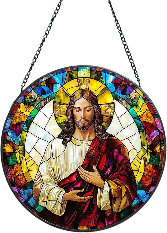 Suncatcher Stained Glass Window Hanging - Jesus Christ Glass Panel with Metal Chain and Hooks Handmade Sun Catcher Decoration for Window Garden Home Christmas & Birthday Gifts (8 Inch)