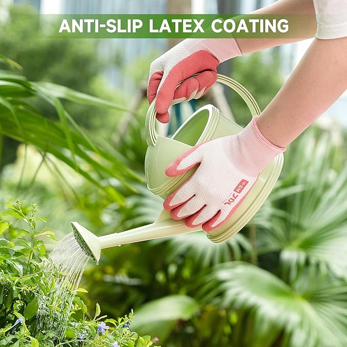 JDL Gardening Gloves for Women, 2 Pairs Breathable Latex Coated Yard Garden Gloves, Rubber Outdoor Protective Work Gloves with Grip, Pink, Large Size