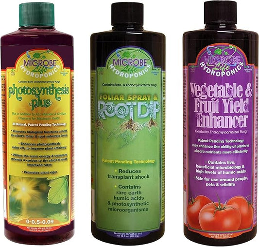 Microbe Life Hydroponics Additive Kit, Includes One 16-Ounce Bottle Each of Photosynthesis Plus, Foliar Spray & Root Dip, and Vegetable and Fruit Yield Enhancer, Use with Any Feeding Systems
