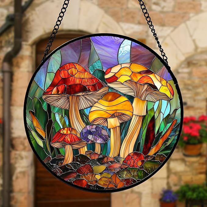 Stained Glass Window Hanging, Jungle Mushrooms Sun Catchers Diamond Glass Panel Hangings Plant Suncatcher Decor for Birthday for Women, Men, Wife, Aunt, and Mom 9.8 in
