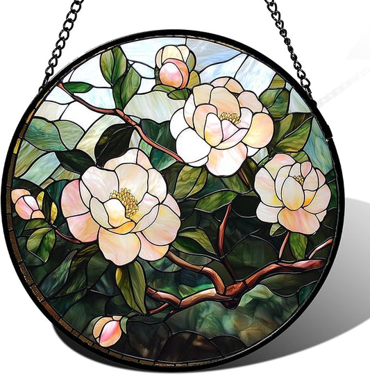 Stained Glass Suncatcher, Light Pink Flowers Green Leaf Sun Catcher Plant Stain Glass Window Hanging Decoration Mother's Day Birthday Gifts for Women Men Mom Nana 6.3 in