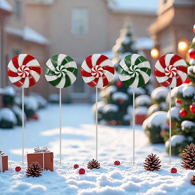 5pcs Wind Spinners Metal Colorful Flowers Garden Stake, Christmas Lollipop Pinwheels, 27" Metal Windmill Yard Art Lawn Ornaments Outside Decorations, Christmas Outdoor Decorations Gift