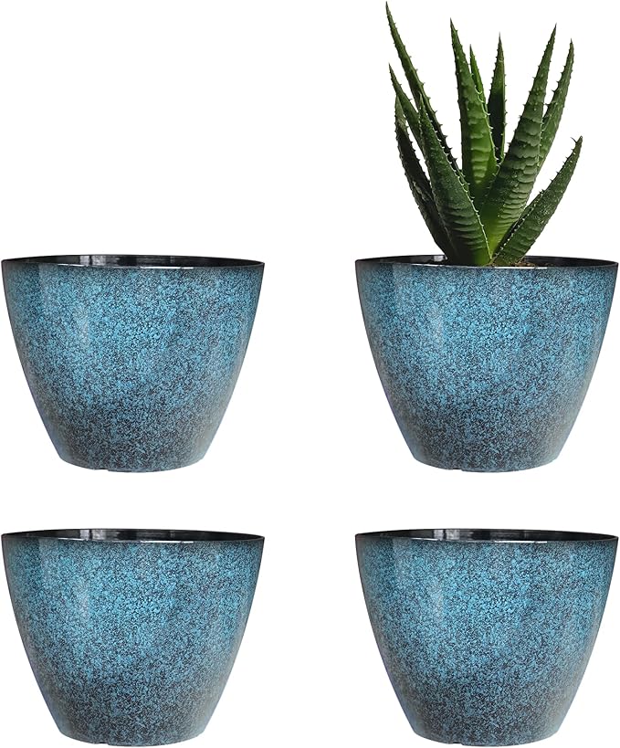 8 inch Plant Pots, Pack of 4 Plastic Planter for Indoor Outdoor Plant with Drainage Holes and Saucers, Flower Pots for Garden Home Decor (Blue, 4pcs)
