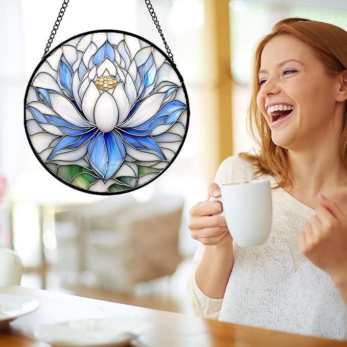 Stained Glass Window Hanging - Blue and White Lotus Petal Suncatcher for Doors Window Home Sun Catchers Decor Christmas Mother's Day July Birthday Gifts for Teacher Women Men Mom Nana 7.8 in