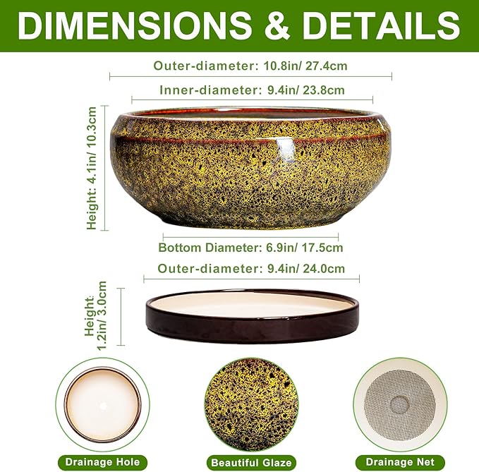 Bonsai Pots Ceramic - 10 Inch Succulent Planters Indoor Outdoor, Shallow Planter with Drainage Hole and Saucer, Round Planter Bowl, Succulent Pots, House Decor, Gifts for Plant Lover, Yellow