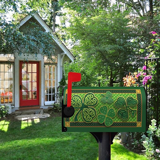St Patrick Day Mailbox Covers Magnetic Standard Size Green Shamrocks Good Luck Four Leaf Clover Mailbox Wraps Happy St. Patrick's Day Mailbox Post Cover Waterproof Garden Decor 21x18 Inch