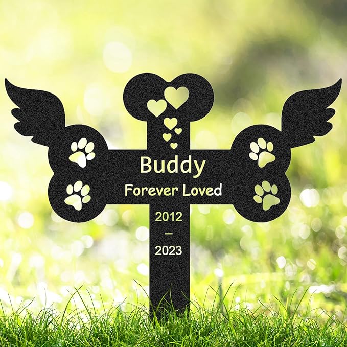 Personalized Cat Grave Marker for Outdoors, Custom Metal Pet Memorial Stake with Wings Paw Heart Burial Plaque for Cemetery Grave Garden