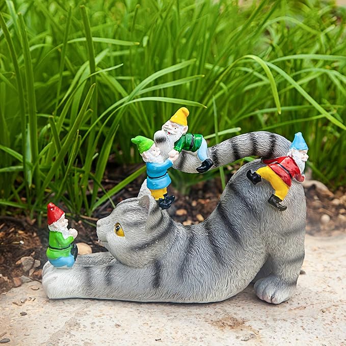 Adorable Cat with Gnomes Garden Statue, Hand-Painted Resin Outdoor Decor for Patio & Lawn, Unique Gift for Cat Lovers & Mothers, Weatherproof Yard Ornament