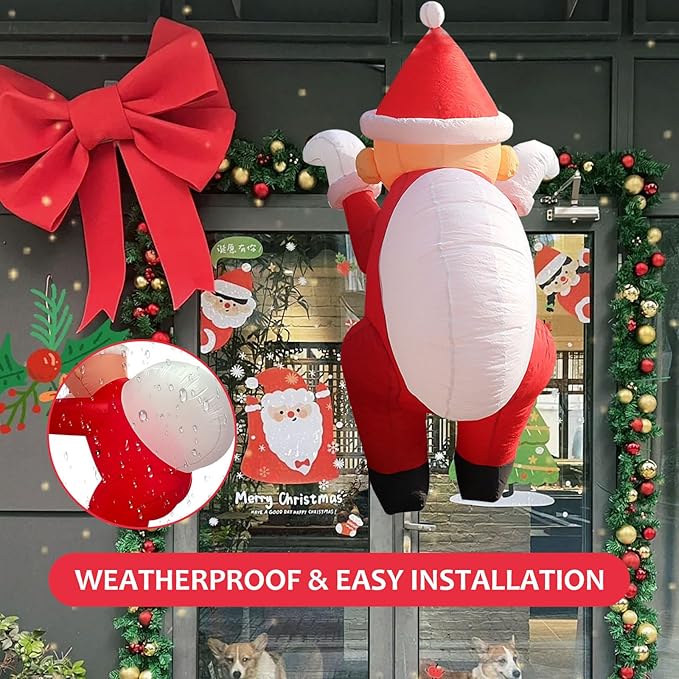 6.6FT Christmas Inflatable Climbing Santa with Build-in LEDs, Hanging Inflatable Christmas Yard Decorations, Climbing Santa Claus with Gift Bag for Window Wall Outdoor Xmas New Year
