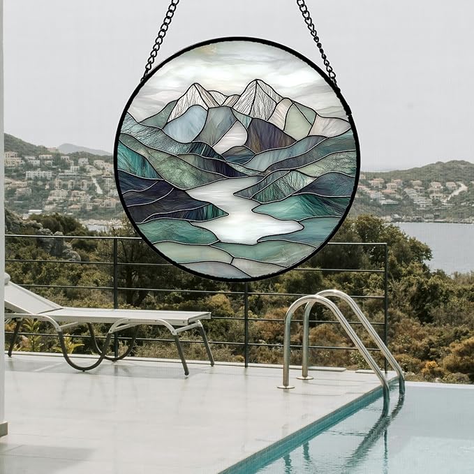 Stained Glass Window Hanging 4 Pcs Set Mountain River Landscape Large 11.8" - Suncatcher Door Garden Sun Catcher Decor Birthday Mother's Day for Mom Woman Nana Girl Boy Friend