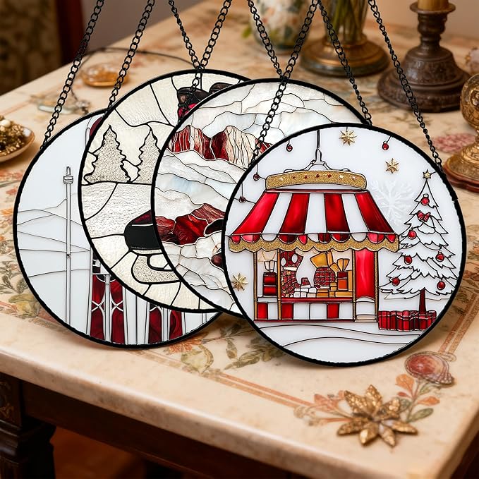 Stained Glass Window Hanging 4 Pcs Set Winter Skiing Red Christmas House Large 11.8" - Suncatcher Door Garden Sun Catcher Decor Birthday Mother's Day for Mom Woman Nana Friend