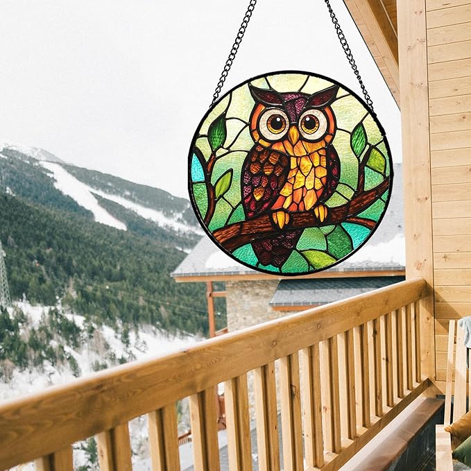 Stained Glass Window Hanging - Owl on a Branch Suncatcher for Doors Window Home Orange Brown Sun Catchers Decor Christmas Mother's Day Birthday Gifts for Teacher Women Men Mom Nana 15 in