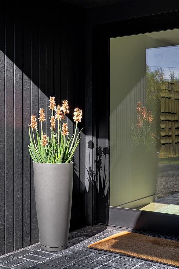 Veradek Vega Round Tall Planter Pots for Indoor/Outdoor Use | Made from Plastic - Stone Mix with Drainage Holes | Perfect for Small to Large Succulent Plants, Flowers, Modern Interior Plants