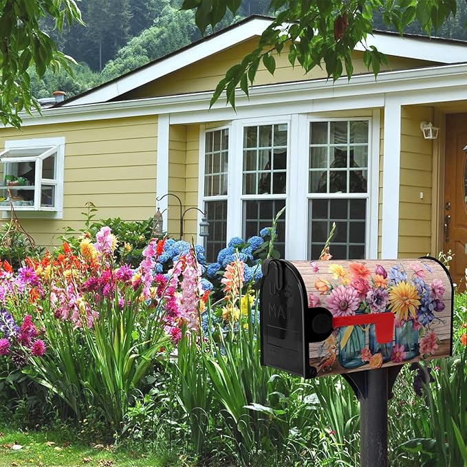 Fall Floral Mailbox Cover Magnetic Oversized Butterfly Daisy Jars Rustic Mailbox Wraps Autumn Colorful Flowers Mail Box Covers Decals Letter Post Box Outdoor Decor Large Size 25.5 X 21 Inch