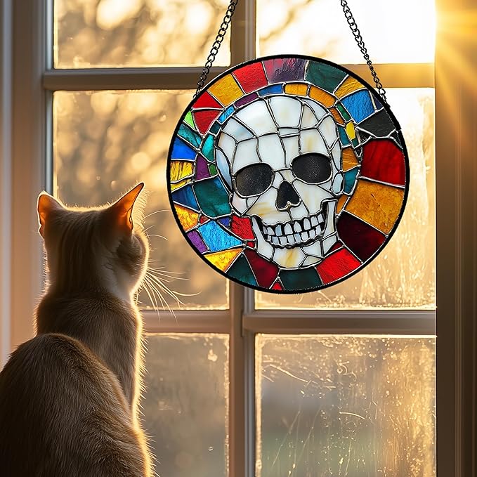 Stained Glass Window Hanging Halloween Horror White Skull 9.8" - Suncatcher Door Garden Kitchen Sun Catcher Home Gothic Decor Birthday for Mom Men Woman Friend Grandma