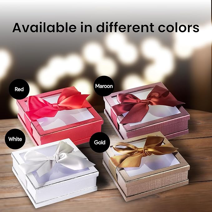 Hammont Clear Window Gift Boxes (3 Pack) Multipurpose Bakery Boxes with Ribbon | Treat Boxes Perfect for Party Favors, Cookies and Cupcakes (Gold, 6” x 6” x 2”)