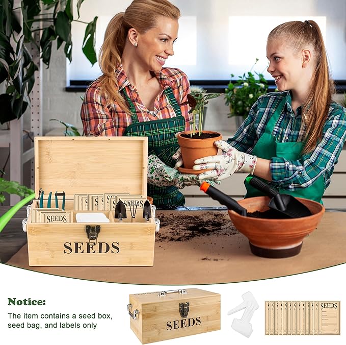 Coolrunner Wood Seed Saving Box, Seed Storage Organizer Case, Seed Packet Storage Organizer with Lock and 3 Handles, 30P Plant Labels, 30P Seeding Envelopes Bag