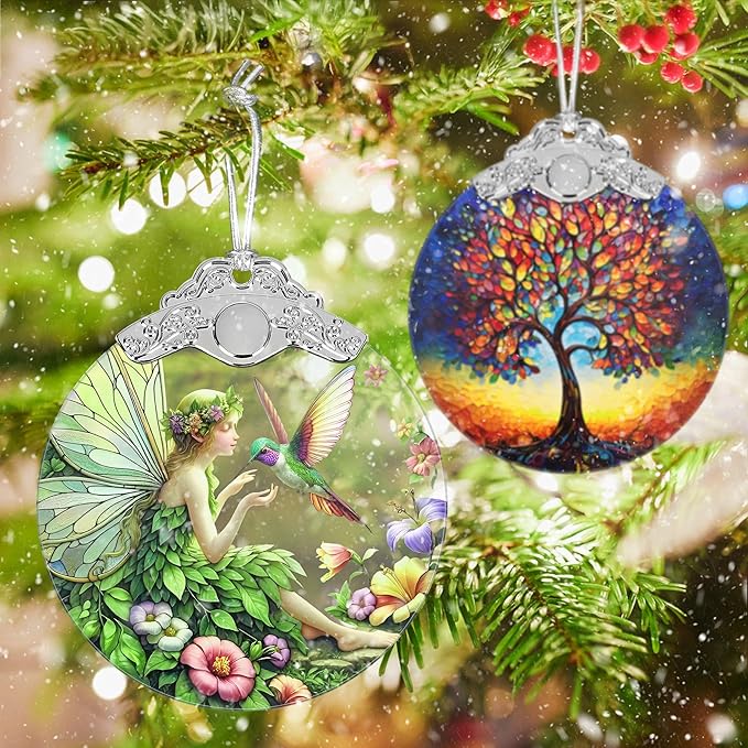 Fairy & Hummingbird Christmas Ornament - Stained Glass Hanging Decor - Tree Decoration - Gifts for Women, Her, Mom