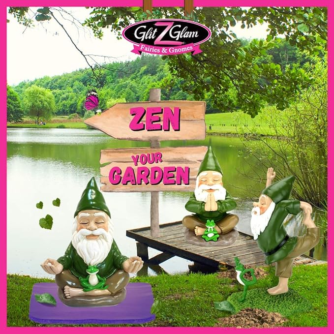 GlitZGlam Zen Gnome and Zen Frog - Namaste– Tranquility and Peacefulness for Your Fairy Garden and Garden Gnomes A Large 9¼ Inches Tall Miniature Gnome Figurine