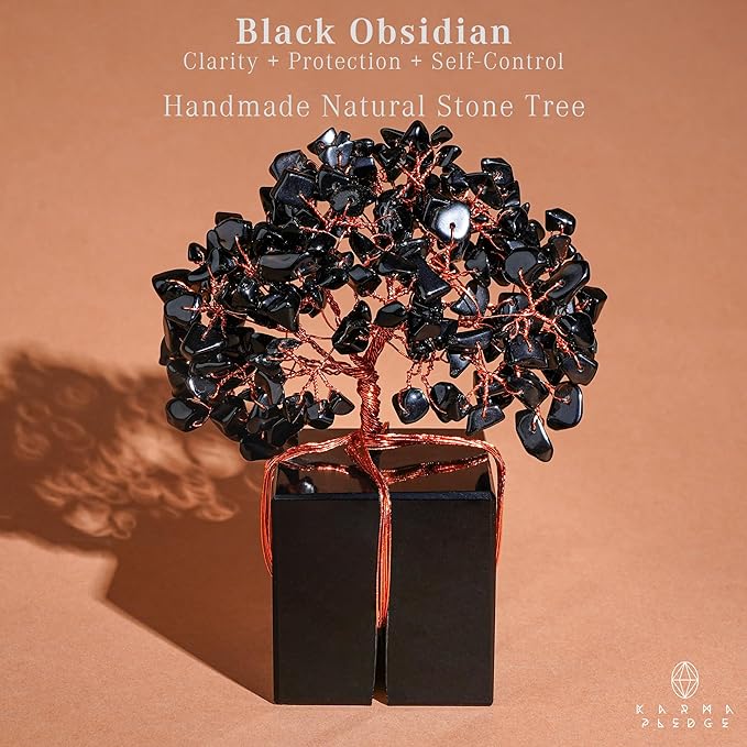 Crystal Tree of Life Feng Shui Decor for Home and Office, Blask Obsidian Chakra Healing Crystal Handmade Tree for Positive Energy, Money, Good Luck, Christmas Decor, Birthday Gifts for Women